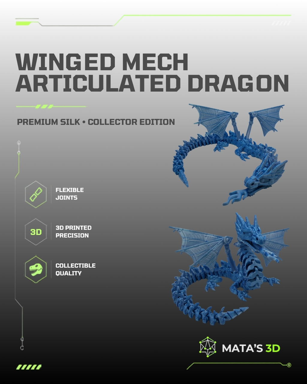 Blue Winged Articulated Dragon – Premium 3D Printed Flexi Figure